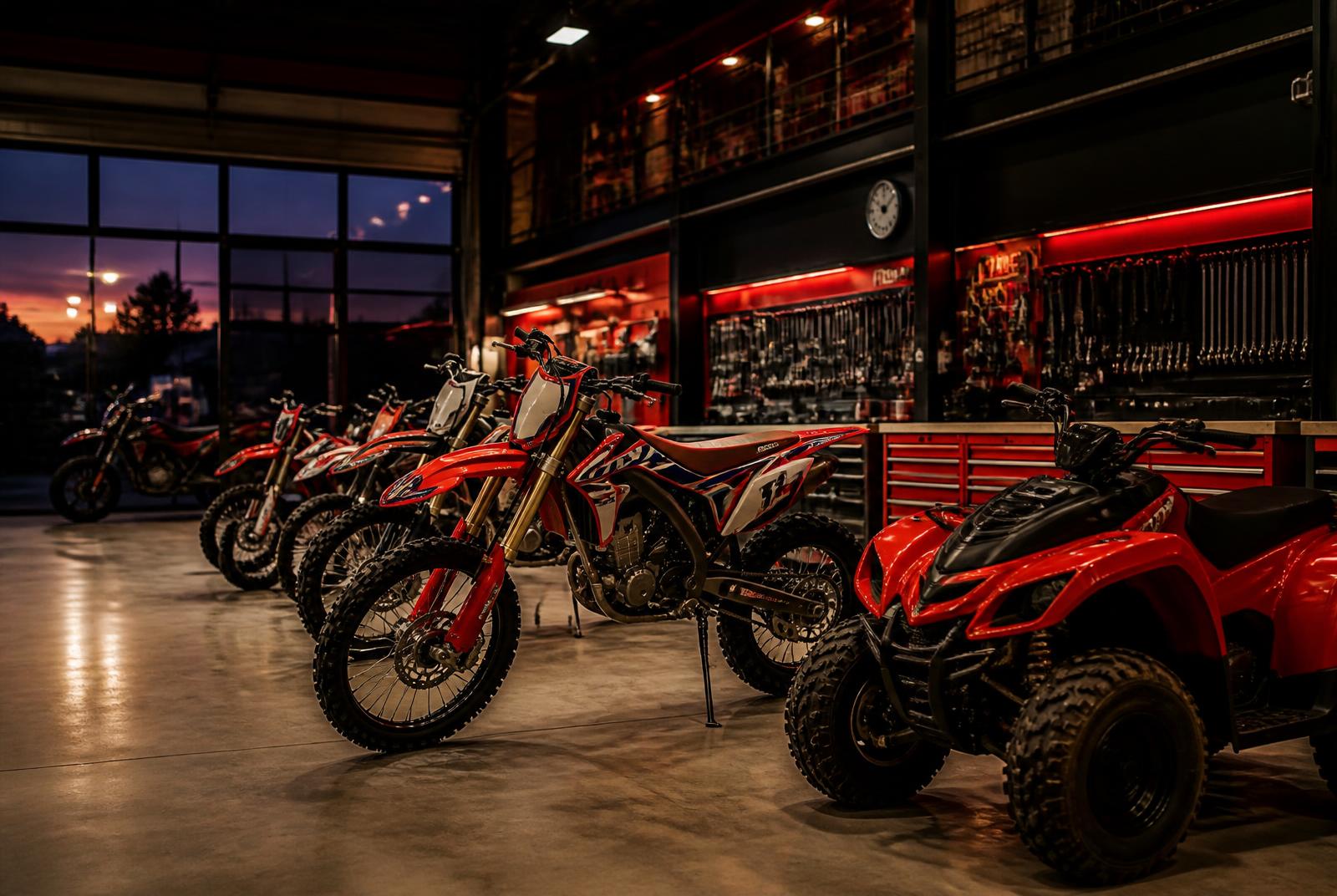 Interior da oficina Gustavinho Motos com motos, quadriciclo e bancada de trabalho