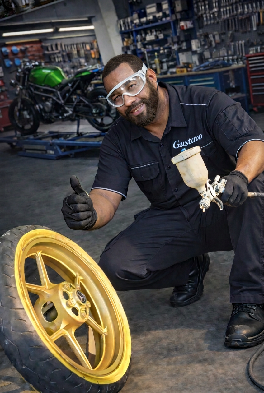 Gustavo, mecânico da Gustavinho Motos, na oficina segurando pistola de pintura ao lado de roda dourada